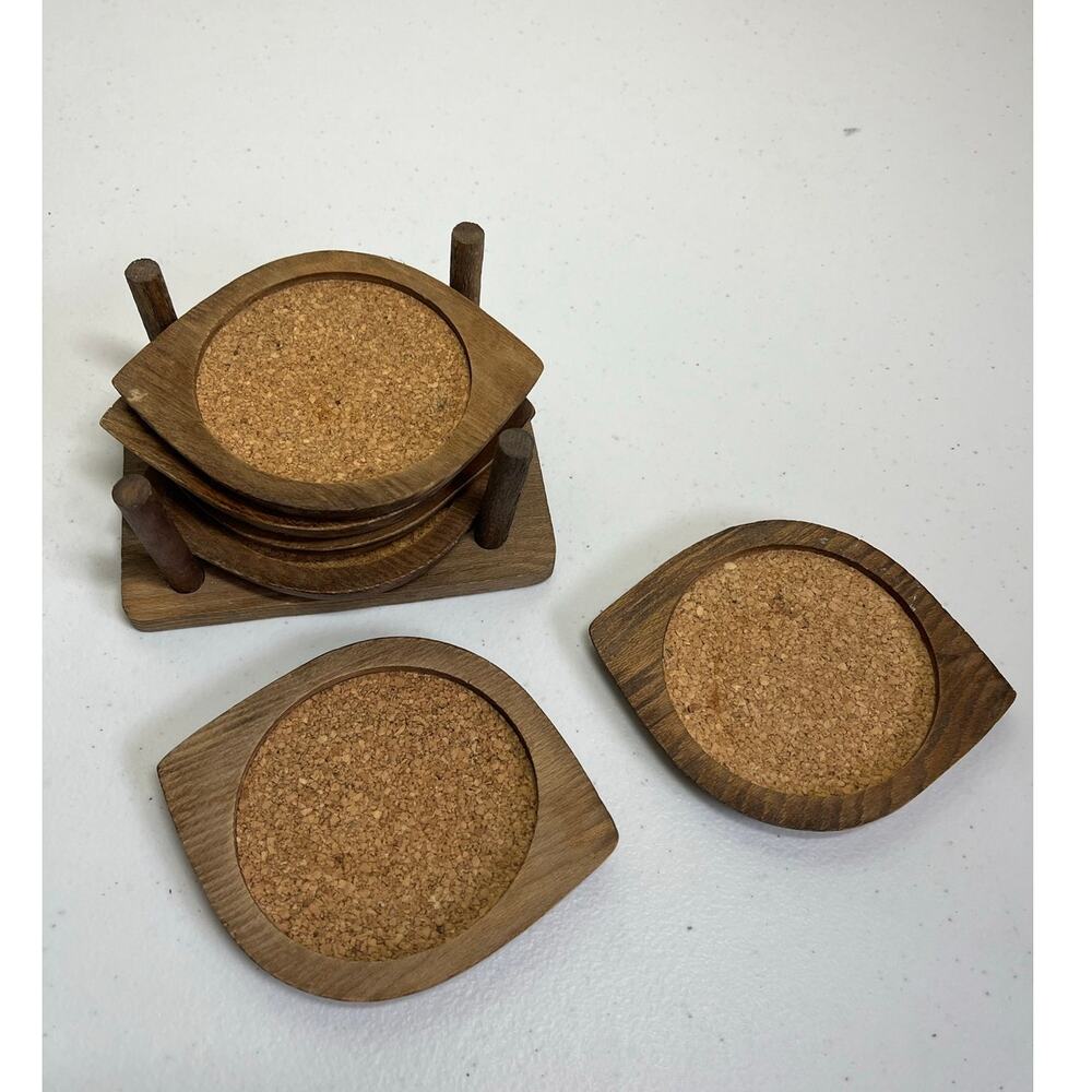 Vintage Taiwan Wooden Cork Coasters Set Mid Century Modern Set of 6 w Holder